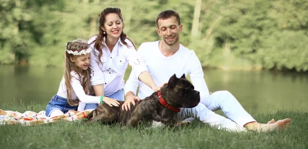 Güneşli bir yaz gününde piknikte köpekli mutlu bir aile. pregn — Stok fotoğraf