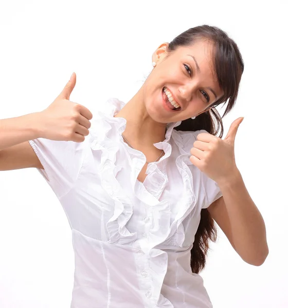 Closeup.successful young woman showing thumbs up. — Stock Photo, Image