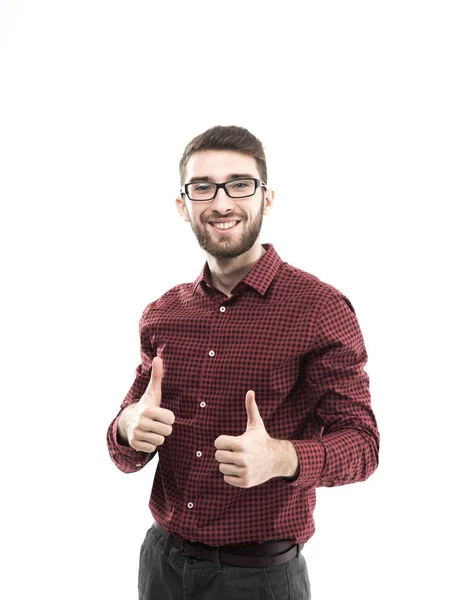 Successful Manager makes two hand gesture thumb up at white back — Stock Photo, Image