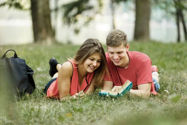Пара успешных студентов с учебником в парке в солнечный день — стоковое фото