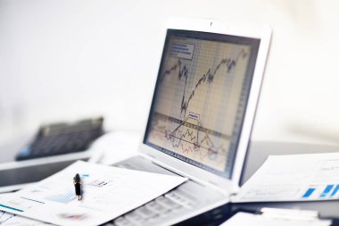 İşadamı dizüstü bilgisayarla yatırım çizelgelerini analiz ediyor.