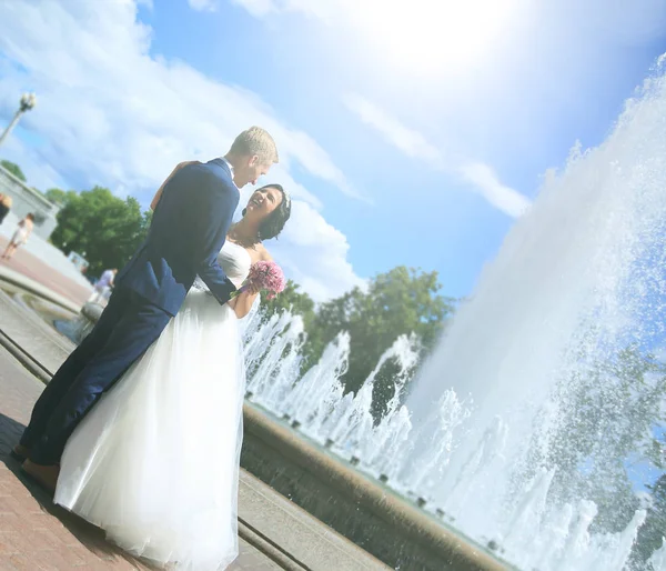 Casal recém-casado de pé perto de uma fonte  . — Fotografia de Stock