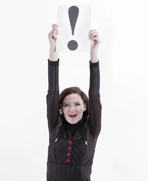 Young business woman holding a sheet with exclamation mark. — Stock Photo, Image