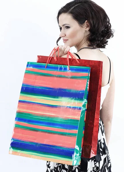 Mujer joven con shopping.photo con espacio de copia — Foto de Stock