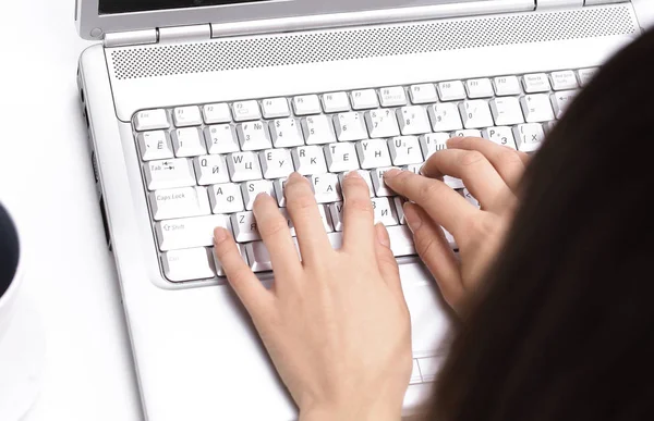 Closeup.young woman typing text on laptop keyboard Stock Photo