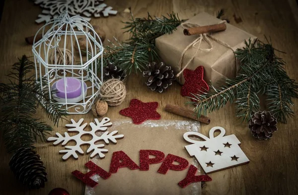 빈티지 스타일의 크리스마스 카드와 크리스마스 장식. — 스톡 사진