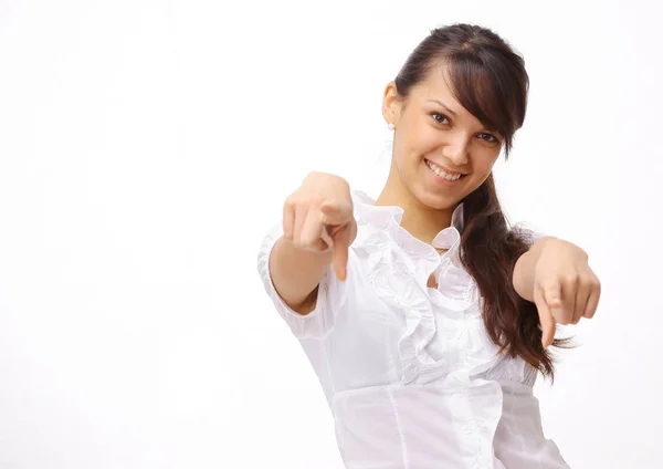 Junge Geschäftsfrau zeigt Hände nach vorne — Stockfoto