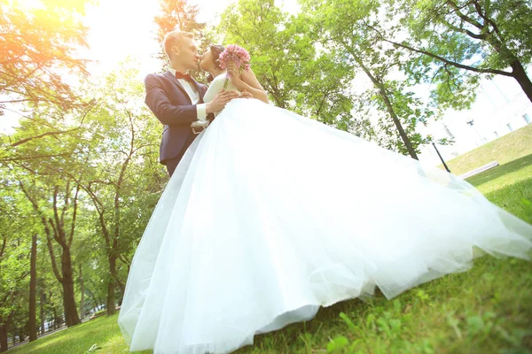 晴れた日に公園で新婚夫婦. — ストック写真