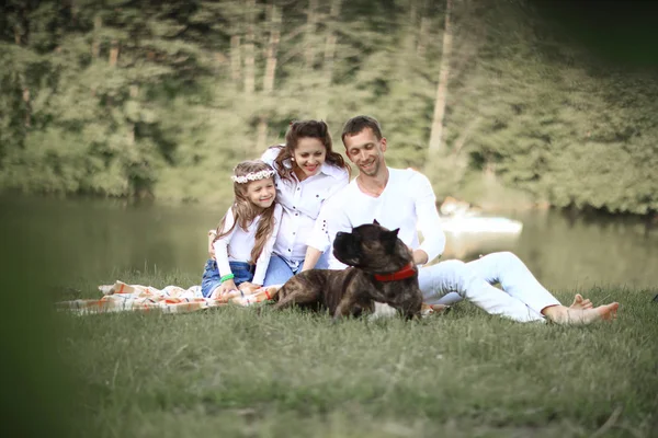 Familia feliz con perro de compañía en el picnic en un día soleado de verano . — Foto de Stock