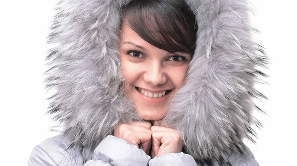 Portrait of beautiful young woman in a jacket with a hood. — Stock Photo, Image