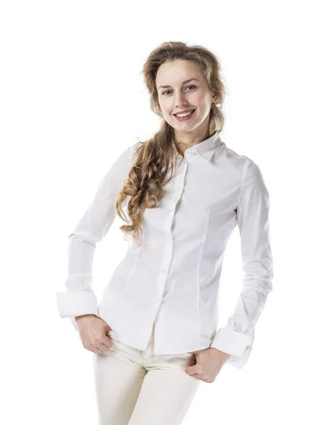Retrato de mulher de negócios bem sucedida em um pantsuit branco elegante sobre um fundo branco — Fotografia de Stock