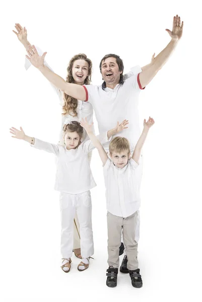 Concept of family victory: a portrait of the triumphant family with gesture of hands up — Stock Photo, Image