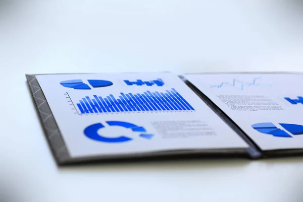 商业报告与财务和营销日程表在生意人的工作目录 — 图库照片