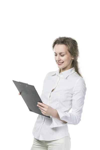 Портрет успешной предпринимательницы с документами на белом фоне — стоковое фото