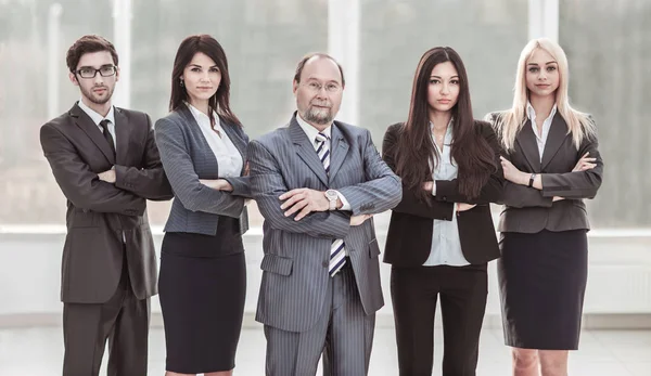 Retrato de empresário de sucesso e equipe de negócios em pé junto com os braços cruzados na frente dele — Fotografia de Stock