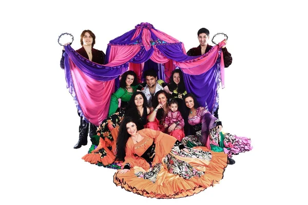 Portrait of a Gypsy dance group on the background of the tent — Stock Photo, Image