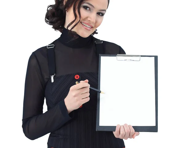 Успешный бизнес-женщина держит чистый лист .isolated на белом — стоковое фото
