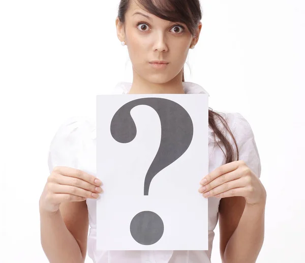 Surprised business woman showing a question mark. — Stock Photo, Image