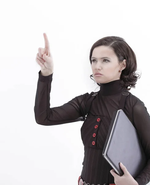 Closeup.business woman pointing at copy space — Stock Photo, Image