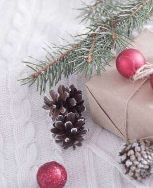 Hediye kutusu ve Noel ağacı dalı ve beyaz süslemeler