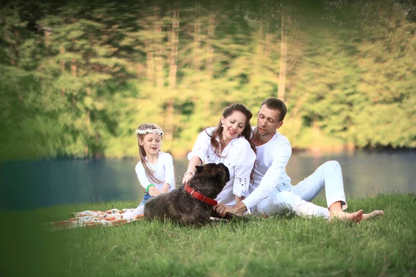 Família feliz com cão de estimação no piquenique em um dia ensolarado de verão. prenhina — Fotografia de Stock