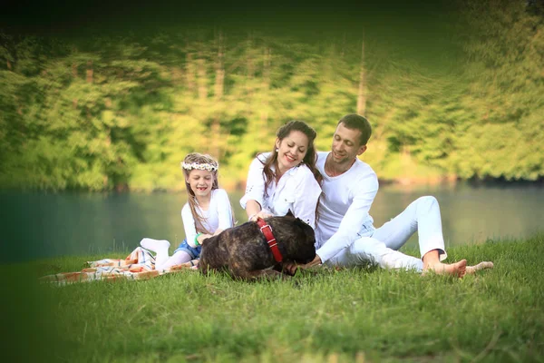 Щаслива сім'я з собакою на пікніку в сонячний літній день. вагітна — стокове фото