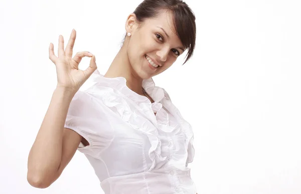 Closeup.successful jovem mulher mostrando o sinal OK — Fotografia de Stock