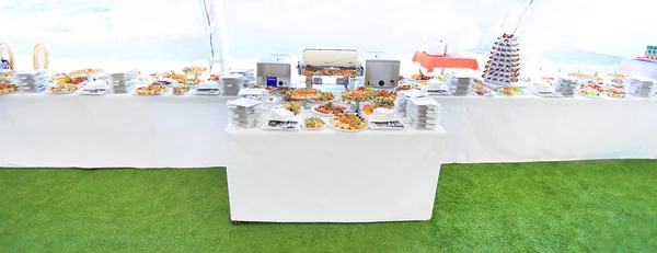 Catering table set service with silverware — Stock Photo, Image