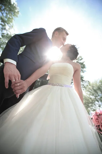 Närbild. Porträtt av tillgiven bruden och brudgummen — Stockfoto