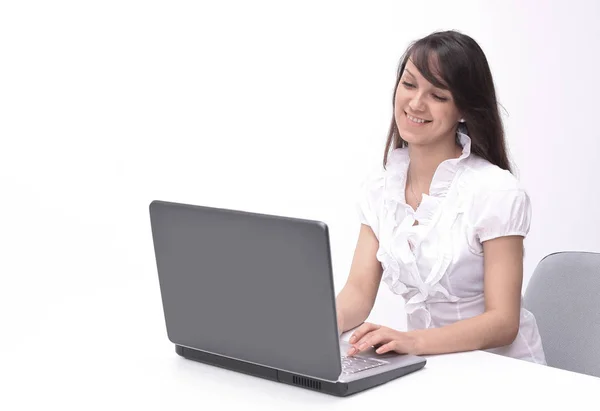 Young woman typing text on laptop keyboard — Stock Photo, Image