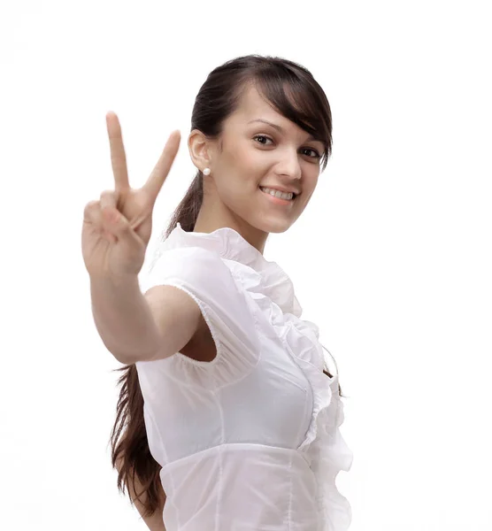 Close seup.young business woman showing victory sign . — стоковое фото