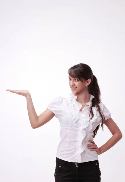 Closeup.young business woman pointing at copy space — Stock Photo, Image