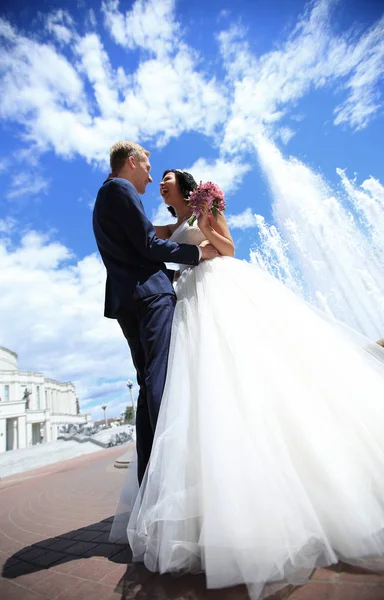 Souriant mariée et marié sur le fond du ciel d'été . — Photo