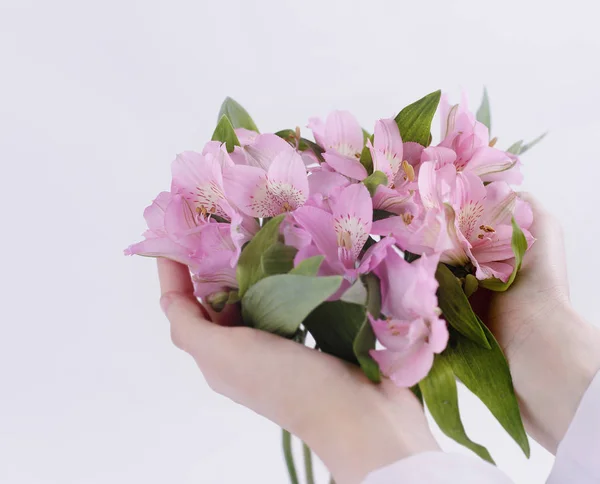 Bukett blommor i kvinnliga händer isolerad på en ljus bakgrund — Stockfoto