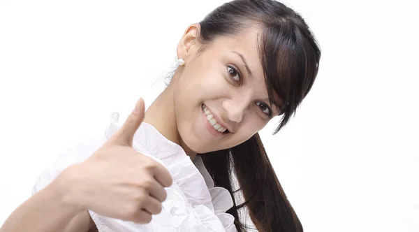 Closeup.young mulher de negócios mostrando polegar para cima . — Fotografia de Stock