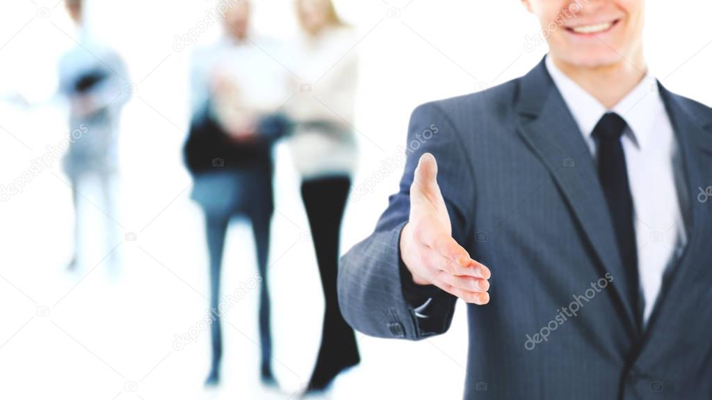 usiness man with an open hand