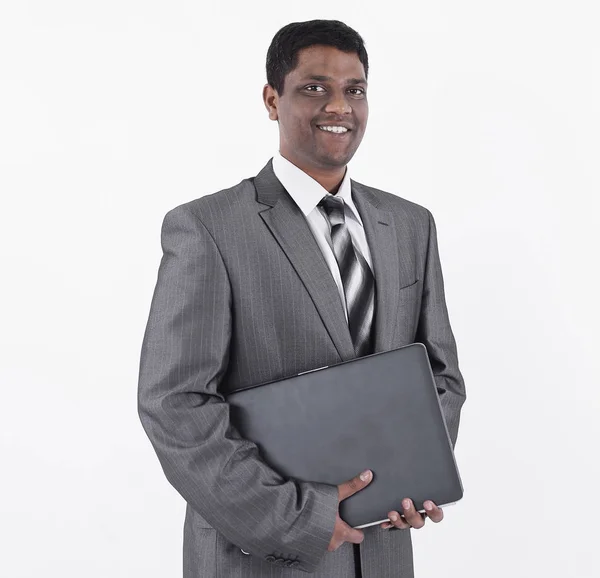 Handsome businessman with a laptop .isolated on white — Stock Photo, Image