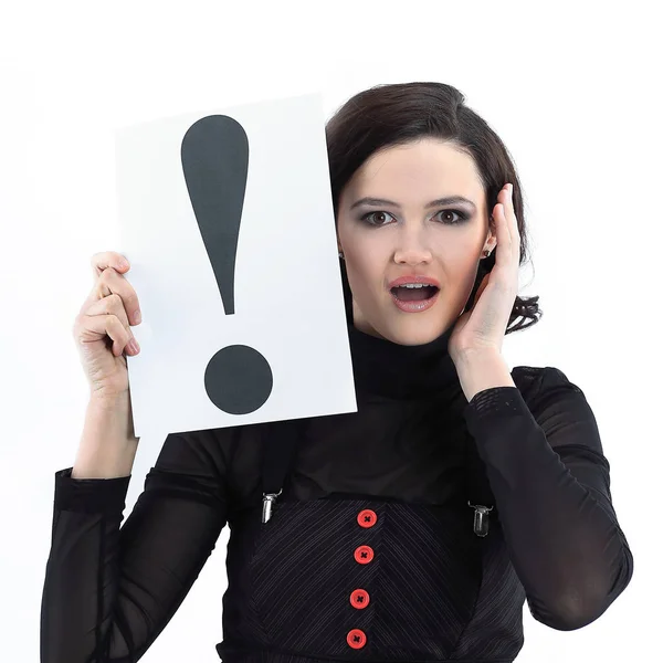 Young business woman holding a sheet with exclamation mark. — Stock Photo, Image