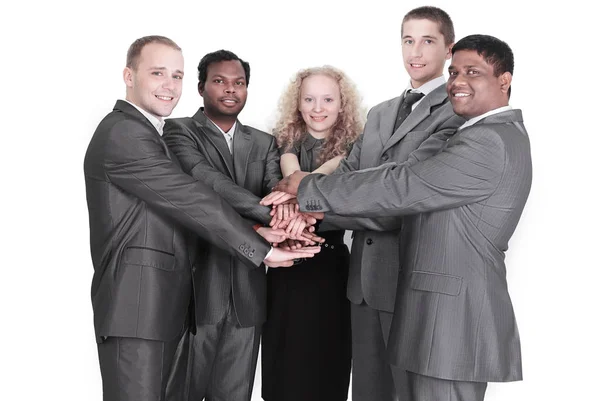 Internationale zakelijke team eenheid met hun handen bericht tonen — Stockfoto