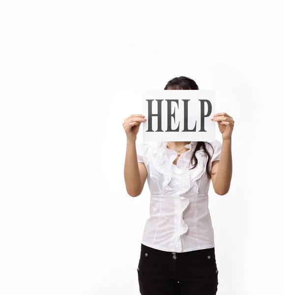 Primer plano. mujer de negocios mostrando cartel con la palabra ayuda . —  Fotos de Stock