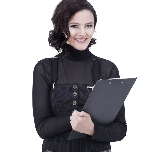 Joven mujer de negocios con documents.isolated en blanco — Foto de Stock