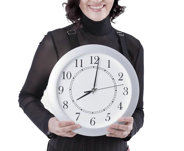 Junge Geschäftsfrau mit der großen Uhr. — Stockfoto