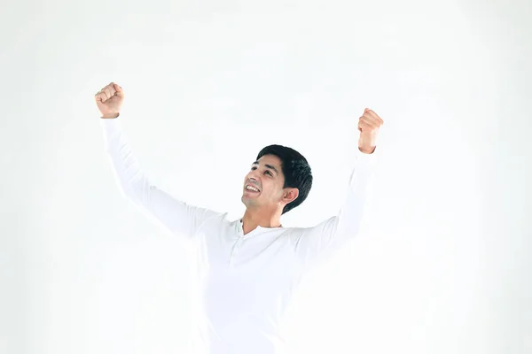 Conceito de vitória: o empresário triunfante no fundo branco — Fotografia de Stock