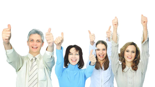 Mooie zakenvrouw met een hand met de vingers naar boven. — Stockfoto