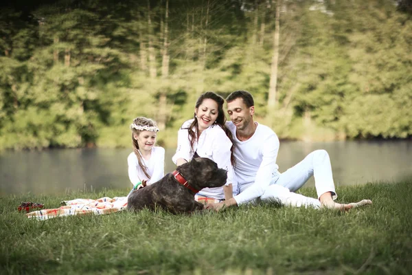 Lycklig familj med sällskapsdjur hund på picknick i en solig sommardag. pregn — Stockfoto