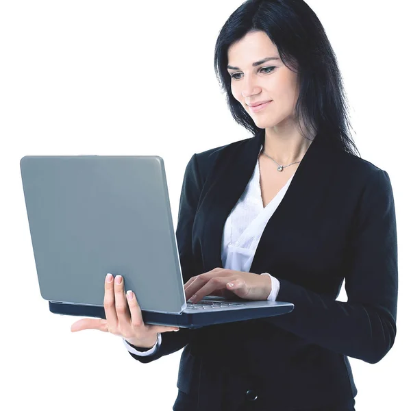 Businesswoman working at a laptop full length isolated, white background — Stock Photo, Image