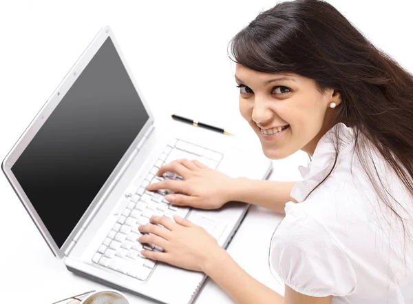 Closeup.young woman working on laptop. the view from the top — Stock Photo, Image