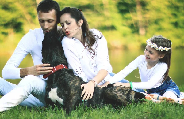 Familia feliz con perro mascota en el picnic en un día soleado de verano. pregn — Foto de Stock