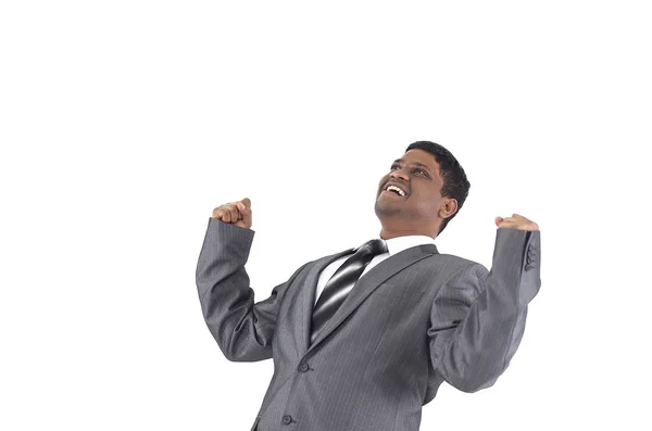 Homem de negócios muito feliz .isolated em um fundo branco . — Fotografia de Stock