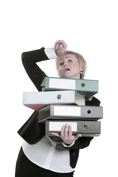 Mujer de negocios asombrada con pila de documentos — Foto de Stock
